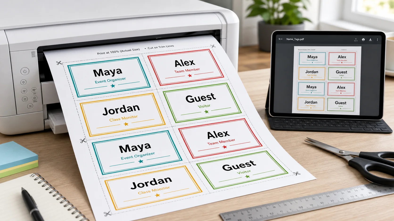 Print-ready Name Tag Maker PDF sheet with multiple name tags per page