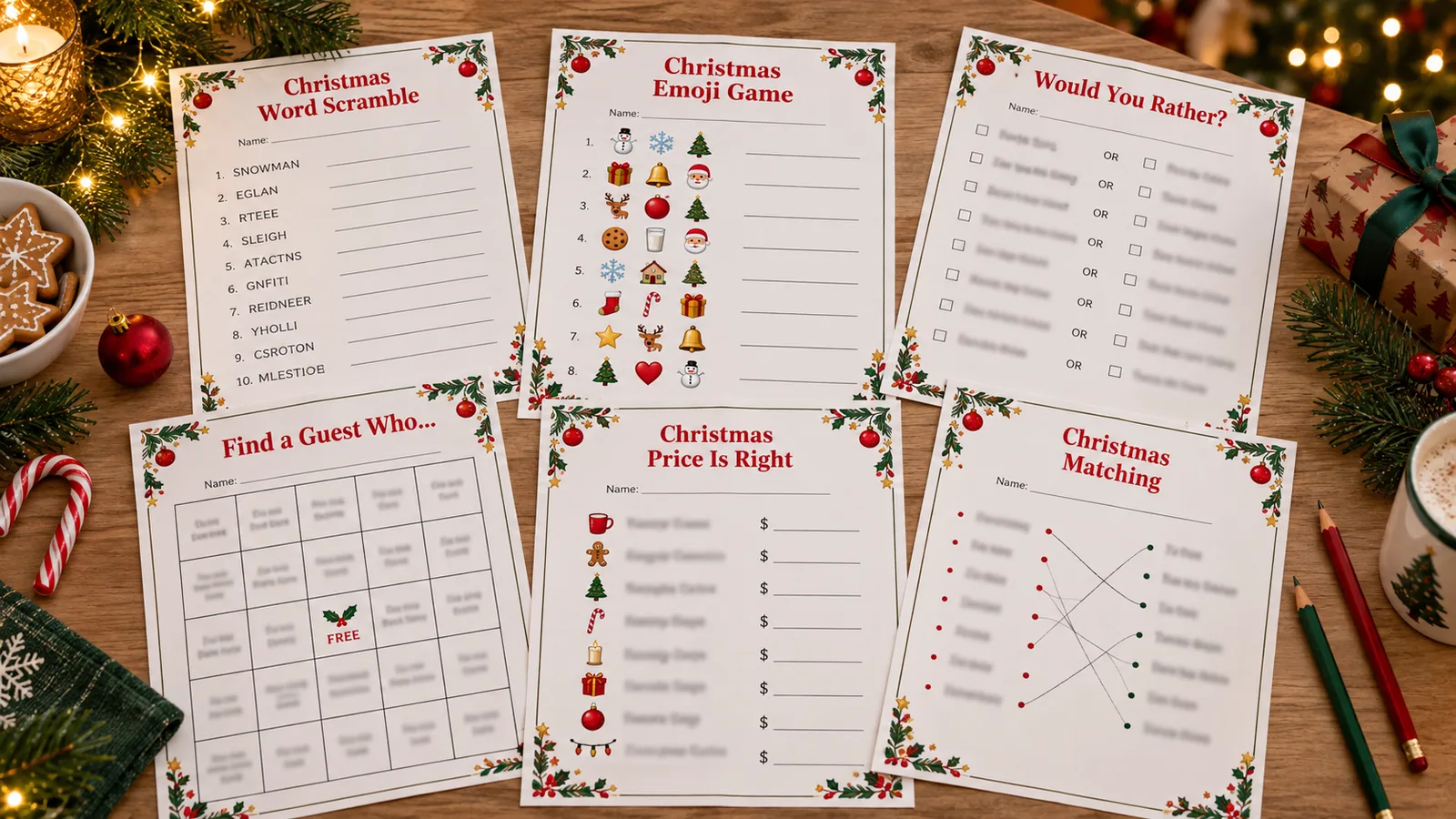 Six printable Christmas party games sheets: word scramble, emoji game, would you rather, find the guest, price game and matching