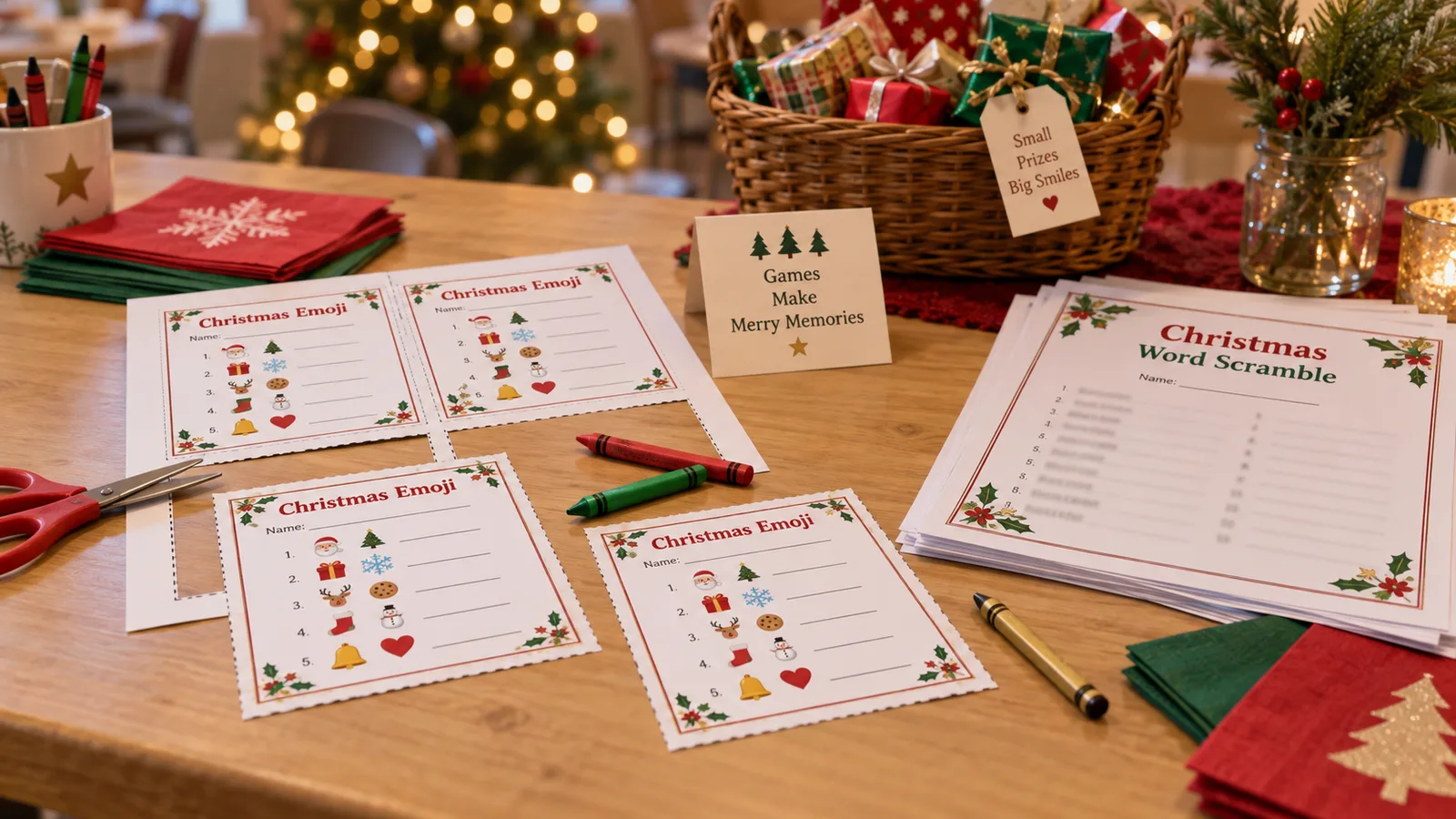Printable Christmas party games sheet with four quarter-page emoji game cards and dashed cut lines, two cut out