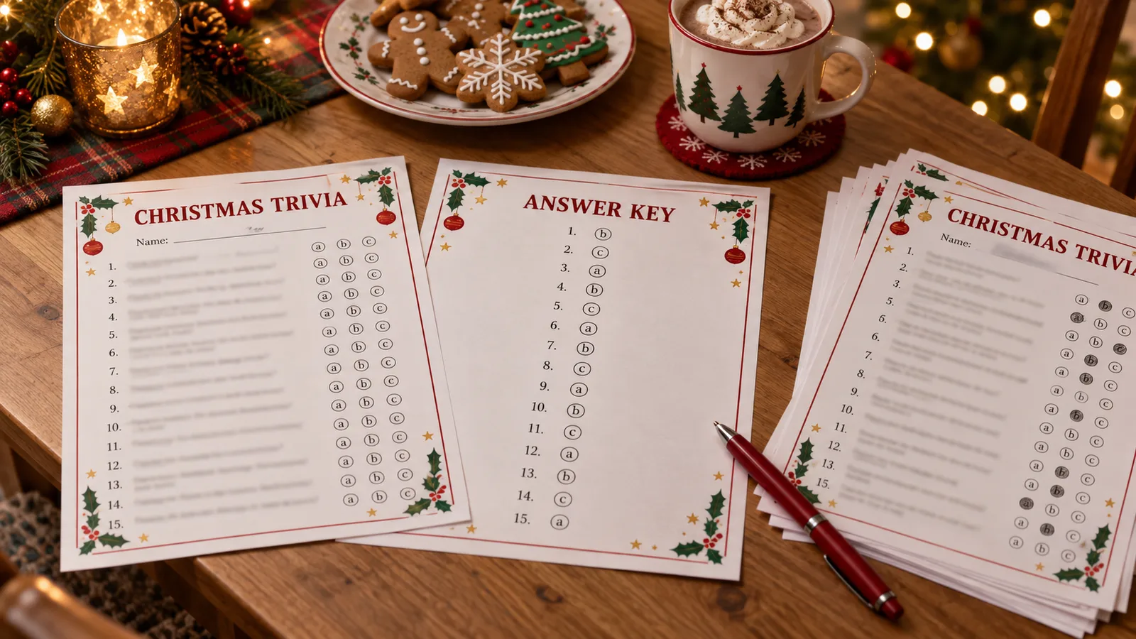 Printable Christmas party games trivia sheet with multiple-choice questions next to its answer key page