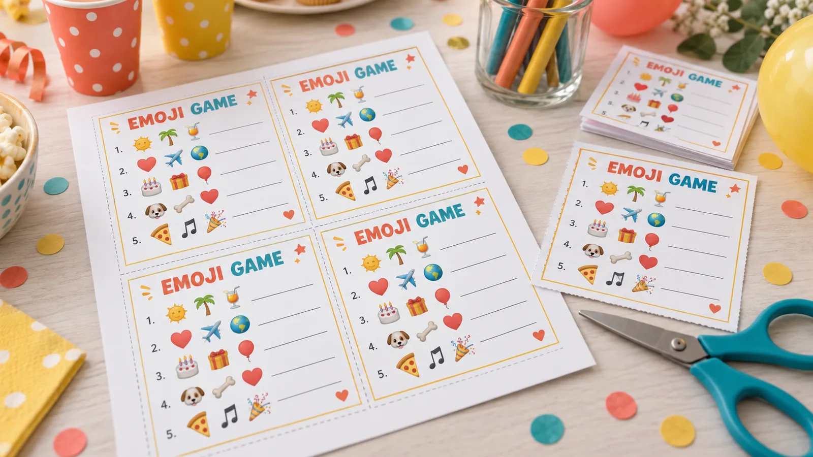 Partyspiele zum Ausdrucken: A4-Blatt mit vier Emoji-Rätsel-Karten und Schnittlinien