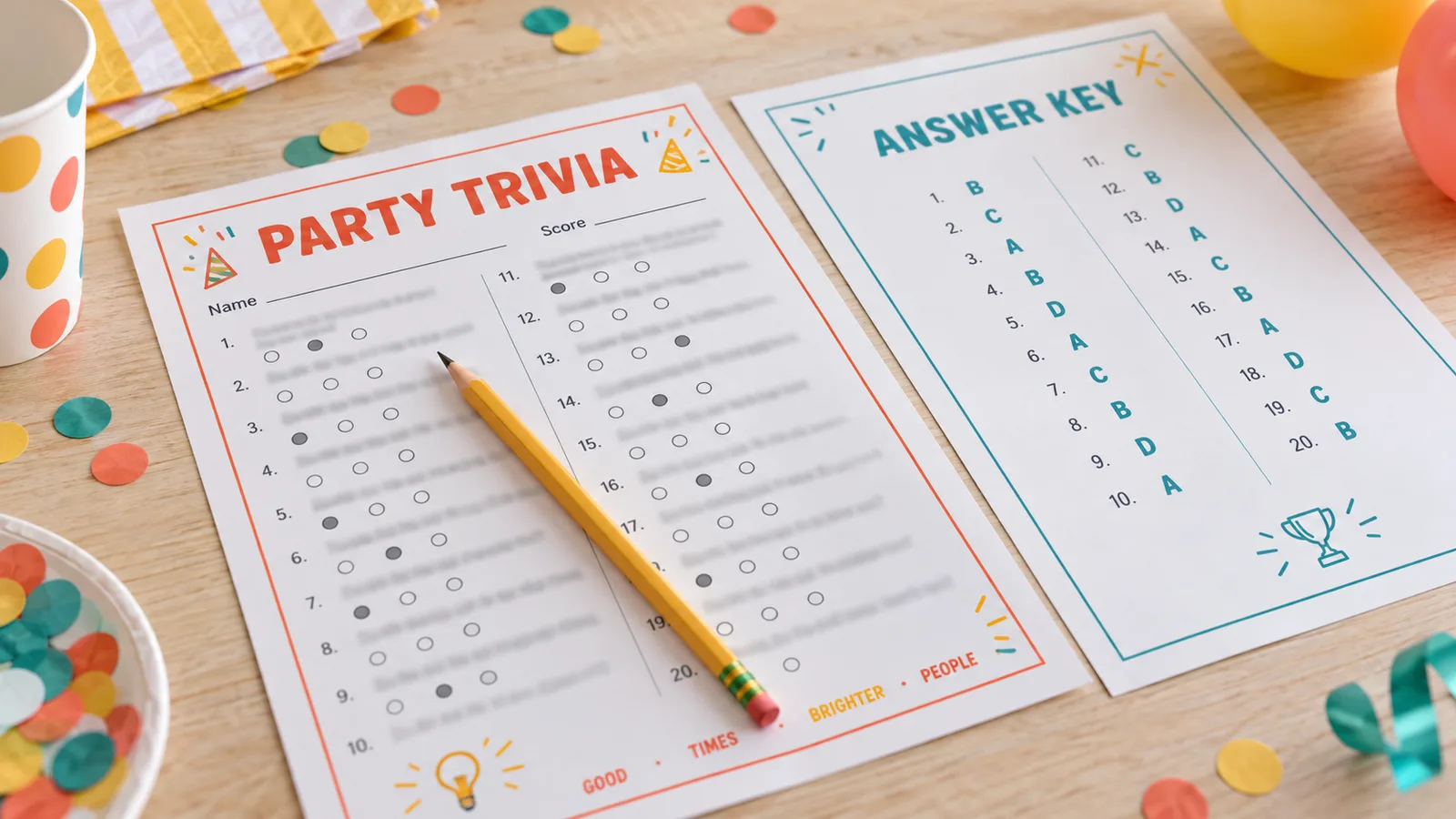 Partyspiele zum Ausdrucken: Quizzettel mit nummerierten Fragen neben dem Lösungsblatt