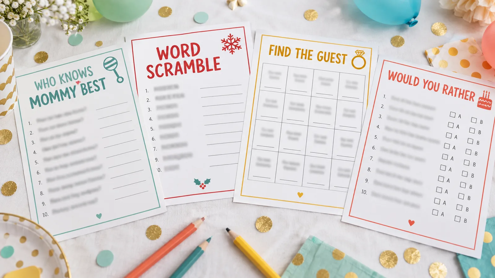Vier Partyspiele zum Ausdrucken für Babyparty, Weihnachten, JGA und Geburtstag auf einem Tisch