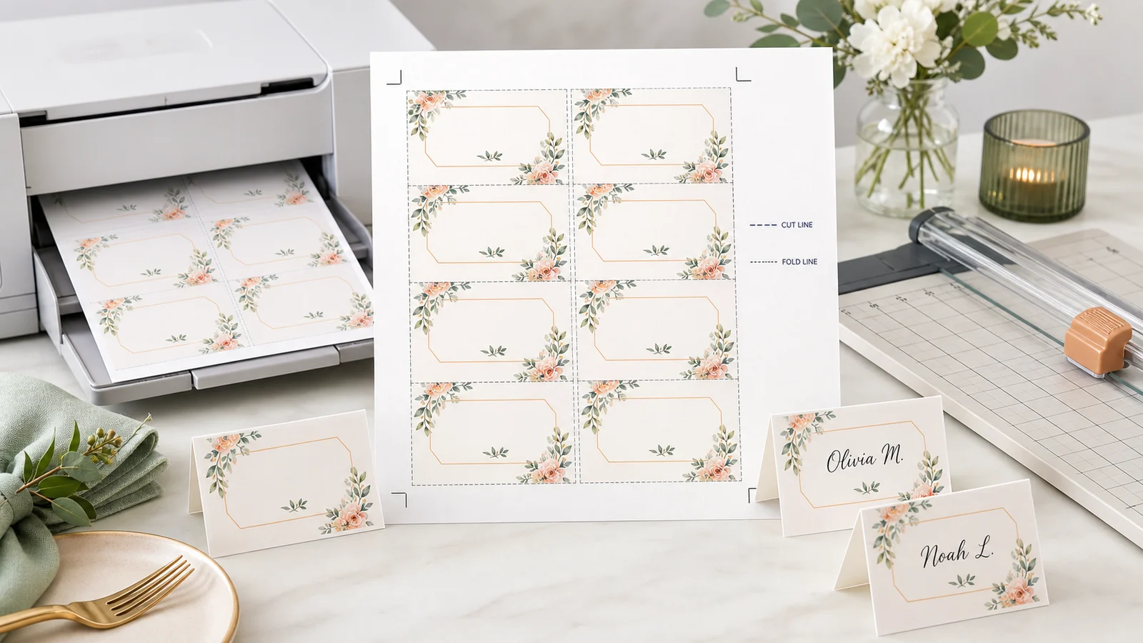 Place Card Maker print-ready sheet with flat and tent cards