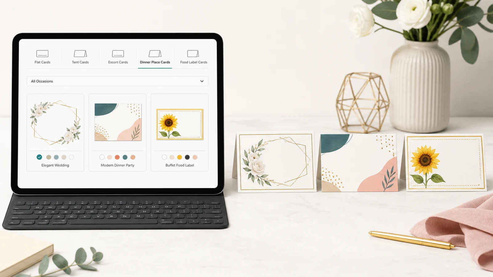 Place Card Maker template library with three printable card styles