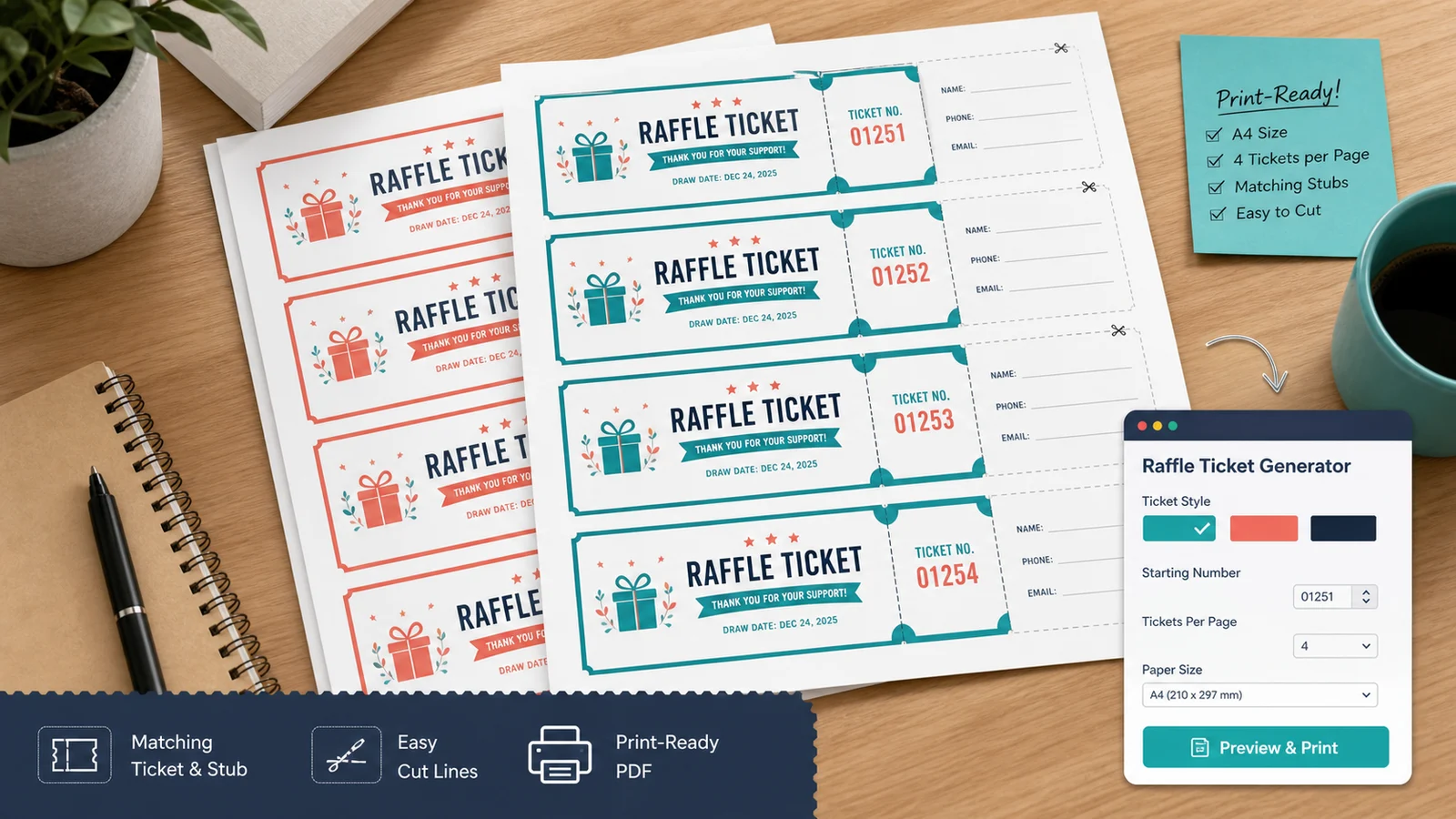 Raffle Ticket Generator preview showing numbered raffle tickets with matching stubs and cut lines