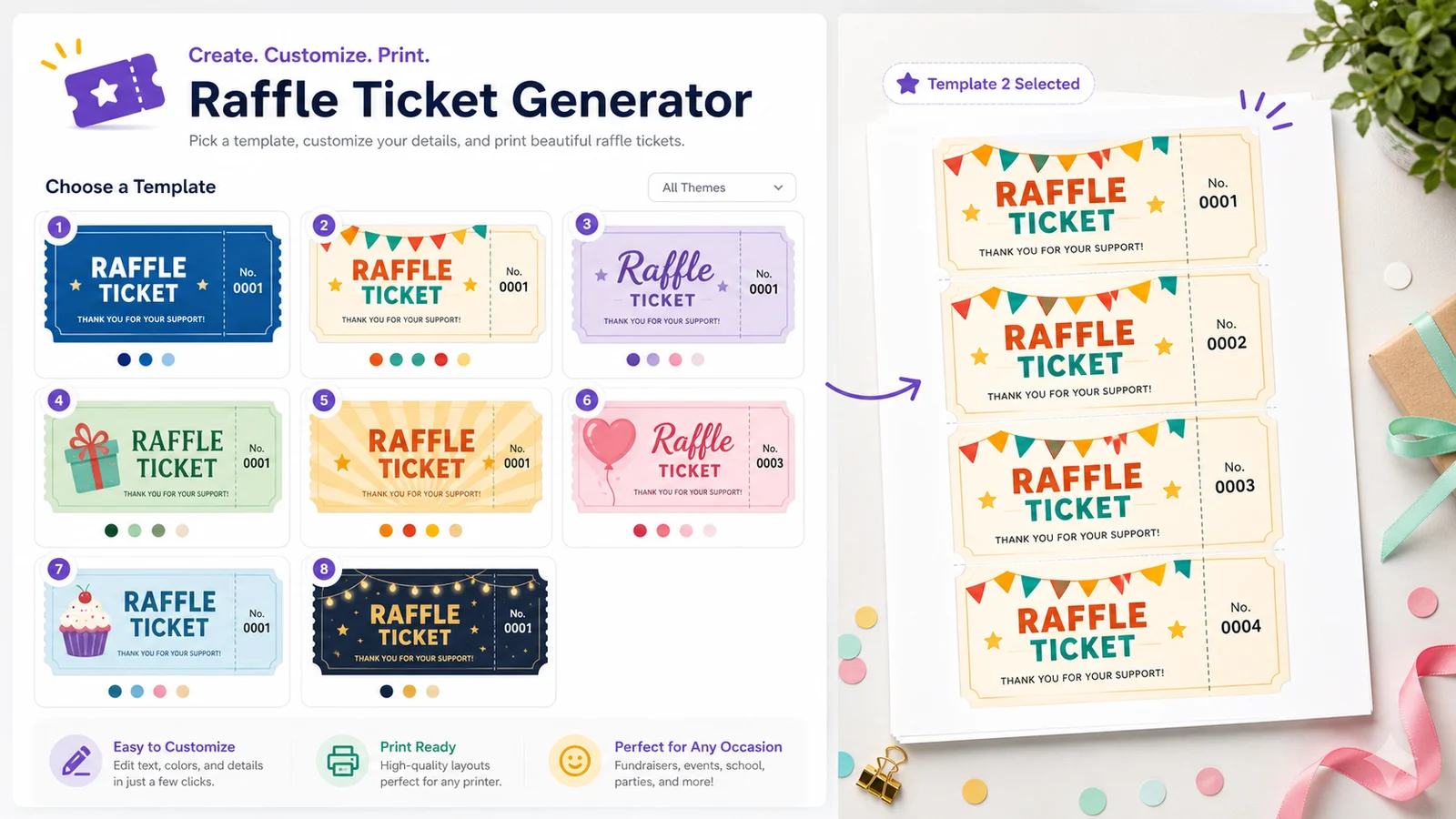 Raffle Ticket Generator template library with fifteen compact printable ticket styles