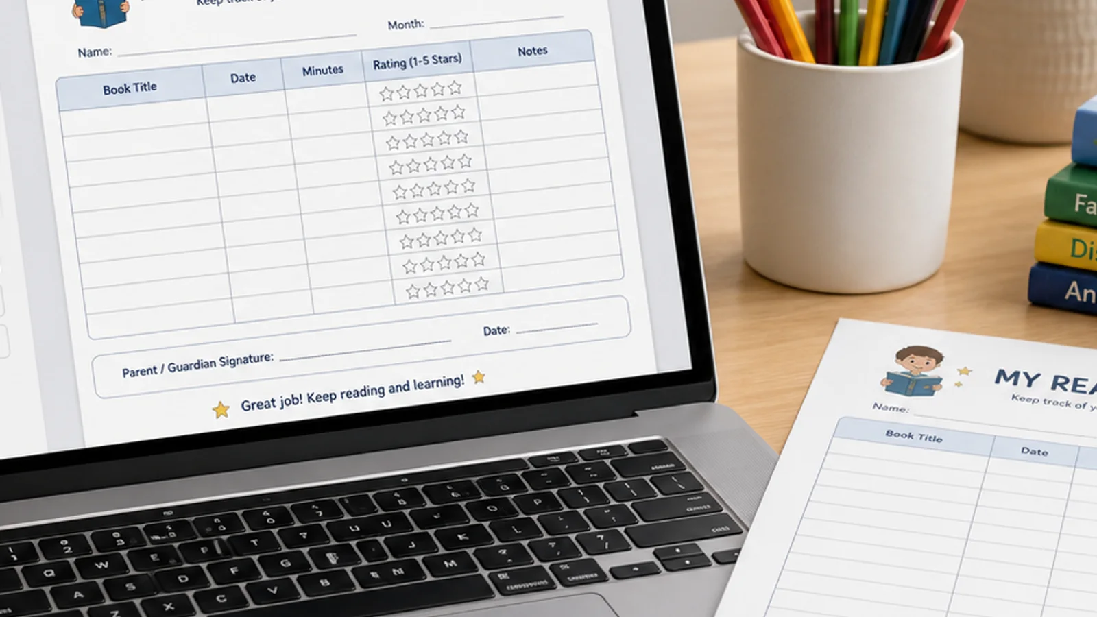 Reading Log Generator printable weekly, monthly, summer challenge, and book review layouts