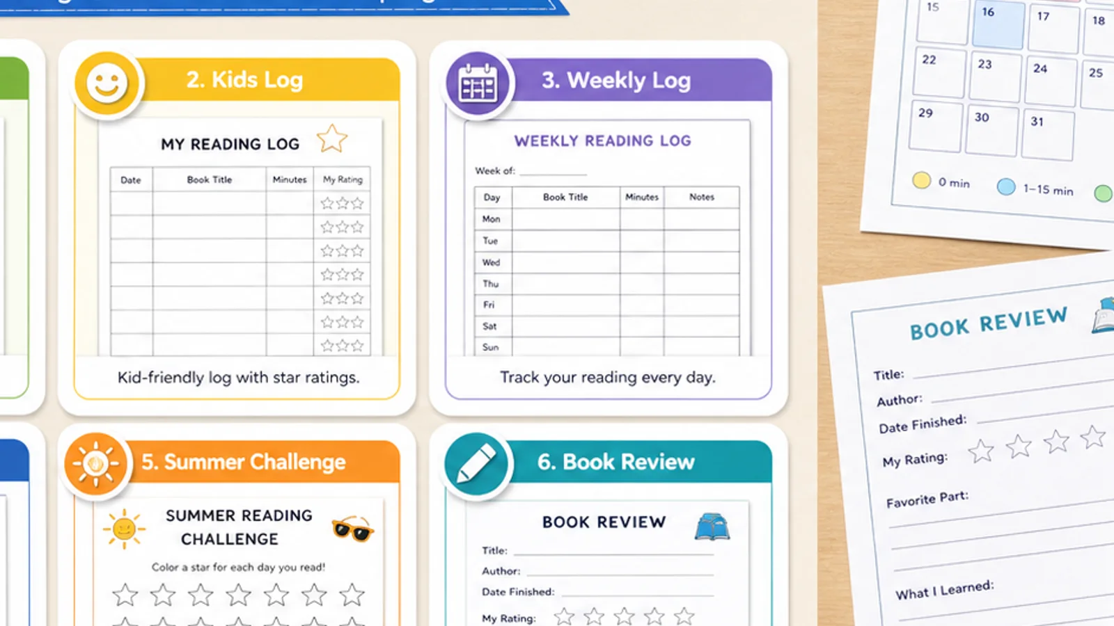 Reading Log Generator template library with twelve printable reading log templates