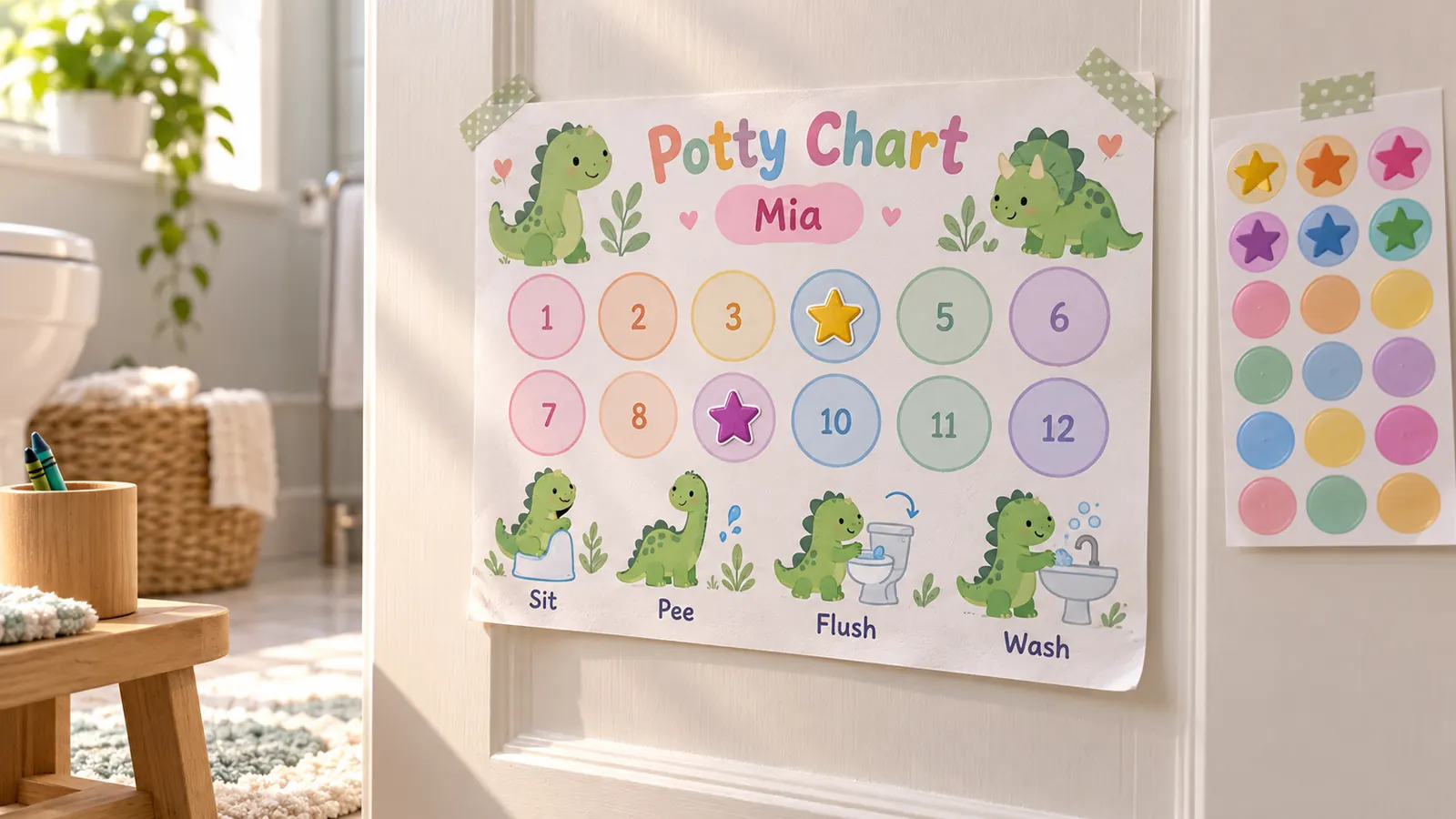 Ausgedruckte Töpfchentraining Belohnungstafel mit Dinos und zwölf nummerierten Stickerfeldern an einer Badezimmertür