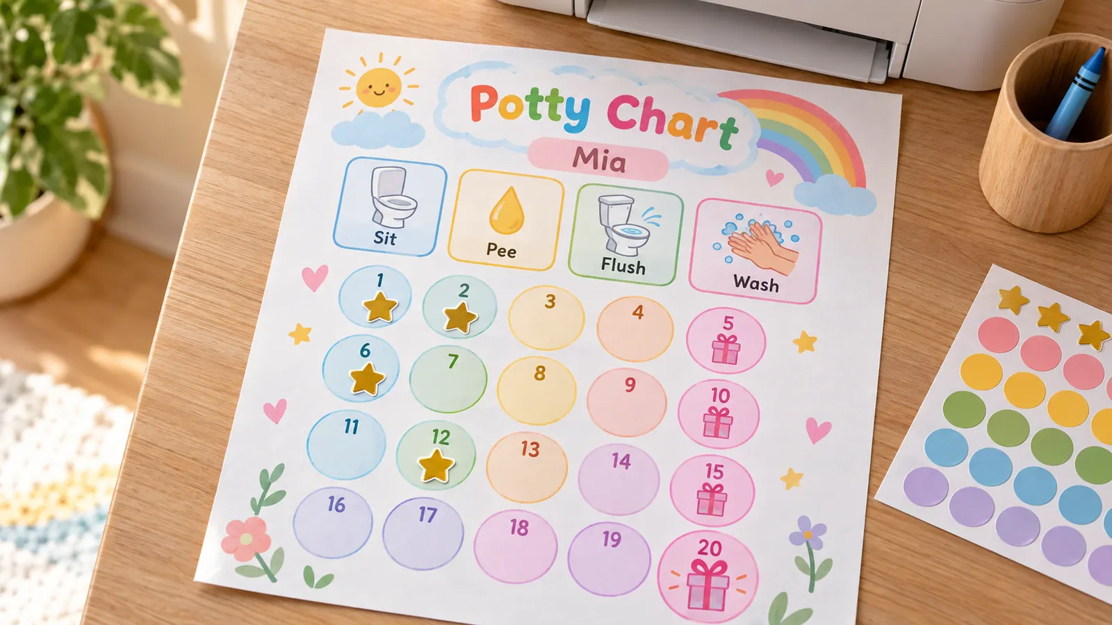 Ausgedruckte Töpfchentraining Belohnungstafel mit Zwischenbelohnungen als Geschenk-Symbole bei Feld fünf, zehn und fünfzehn und einem Stickerbogen daneben