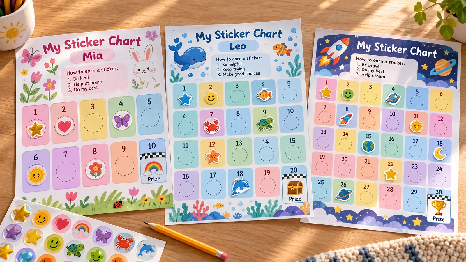 Drei gedruckte Stickerpläne mit 10, 20 und 30 nummerierten Feldern nebeneinander auf einem Tisch