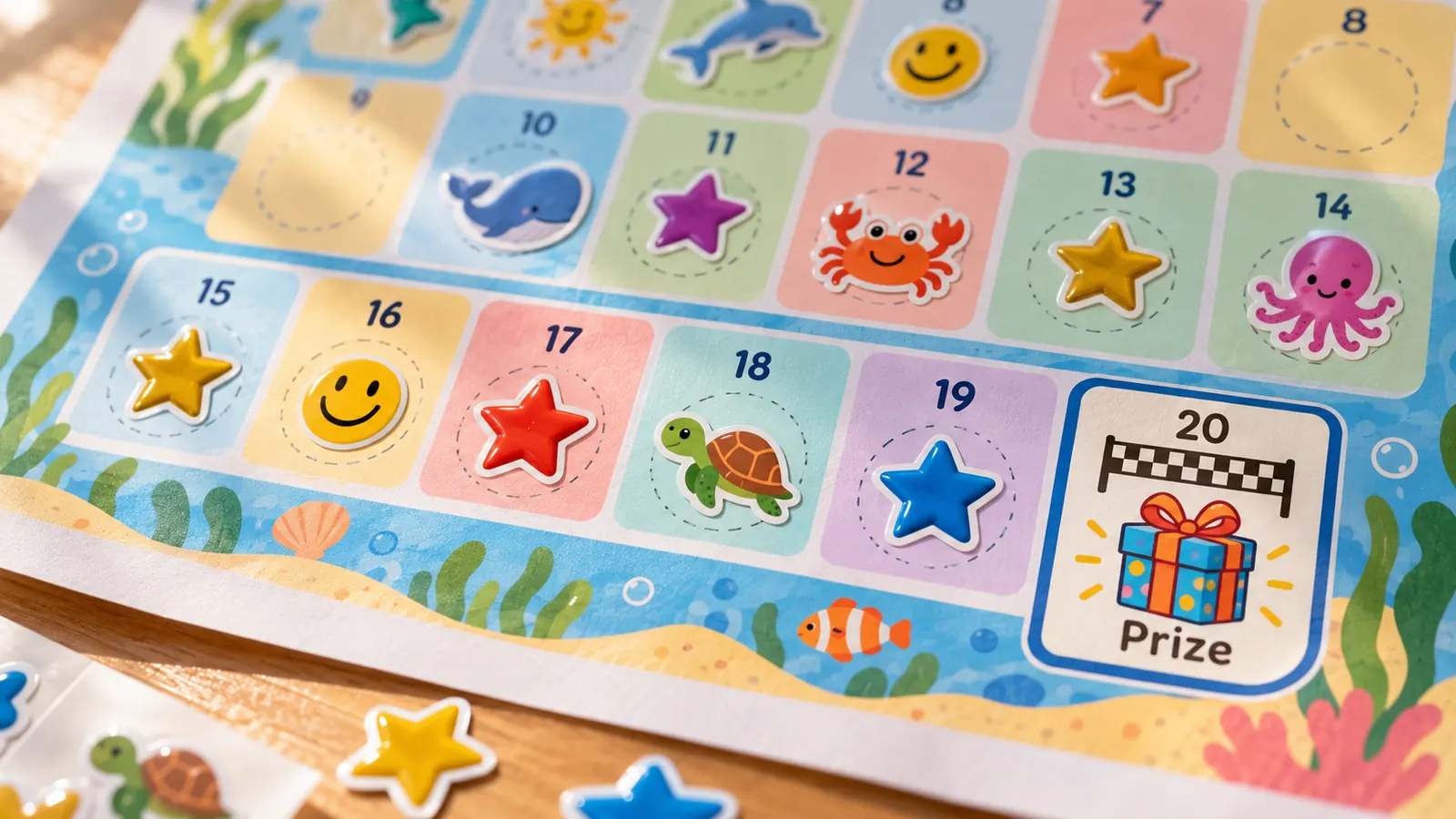 Nahaufnahme einer gedruckten Stickerkarte mit Stickern auf den ersten Feldern und einem Geschenk im letzten Feld