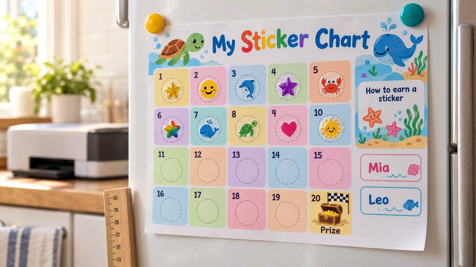 Gedruckter Stickerplan am Kühlschrank, Felder voller runder Sticker, daneben ein Lineal