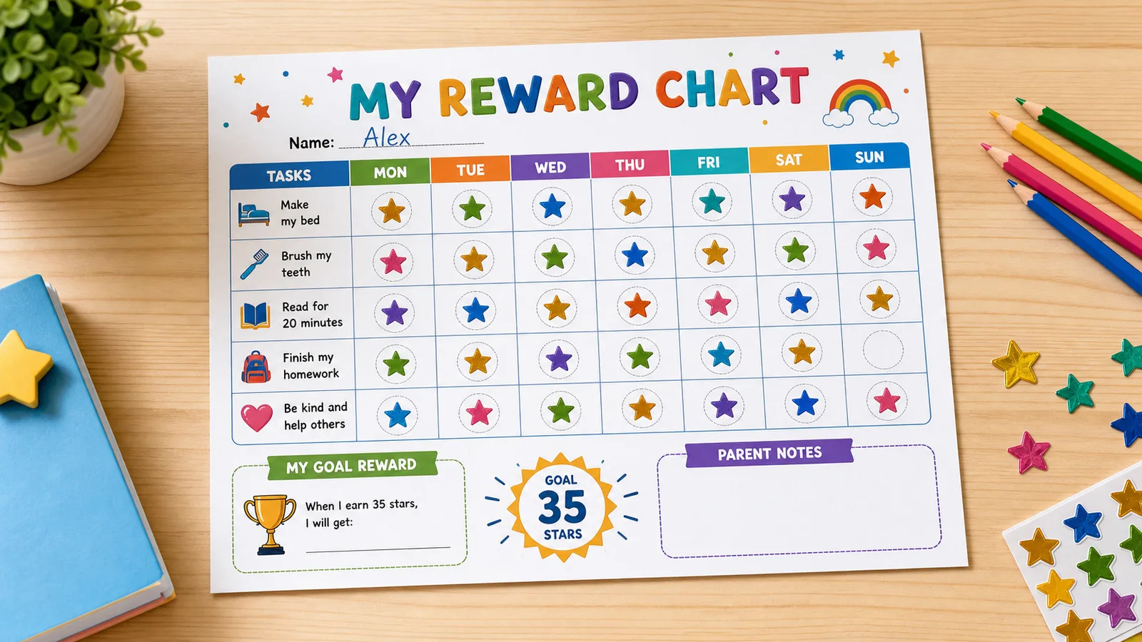 Reward Chart Maker printable kids chart preview with stars and weekly tasks