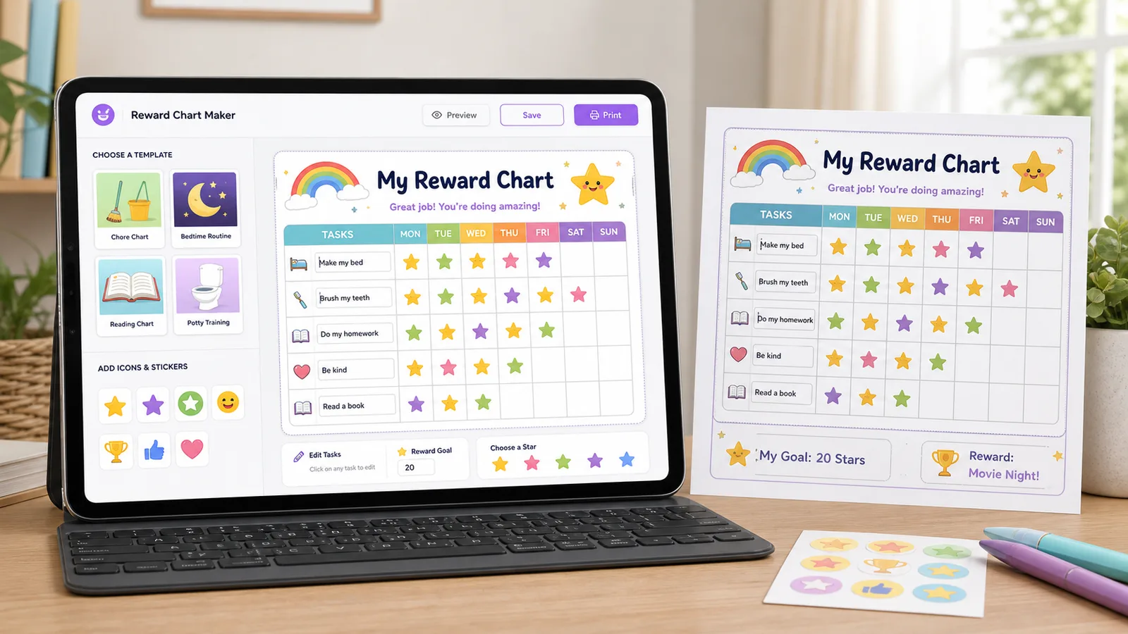 Reward Chart Maker template choices for chore, reading, bedtime, and potty training charts