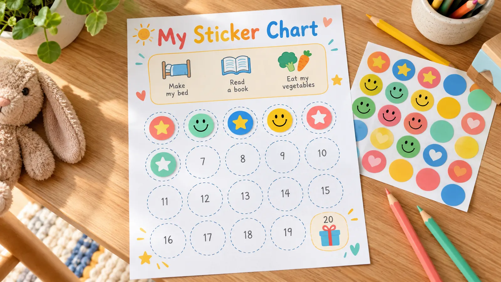 Belohnungstafel als gedruckter Stickerplan mit 20 nummerierten Feldern und einem Preis am Ende