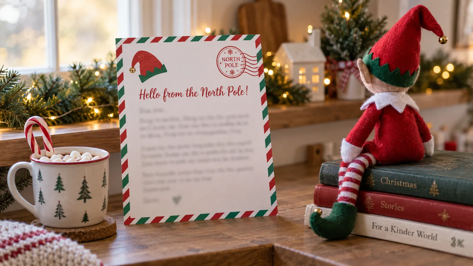 Printed Elf on the Shelf arrival letter with red and green striped border next to a toy elf and hot cocoa