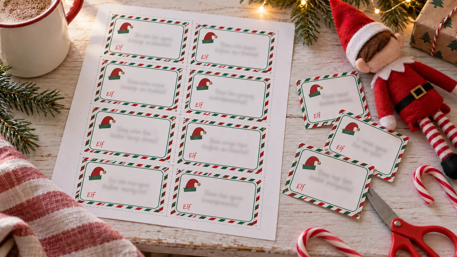 Sheet of daily elf notes cut out beside an Elf on the Shelf arrival letter and scissors