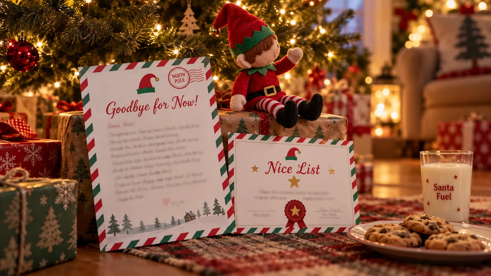 Elf goodbye letter and Nice List certificate left under the tree, made with the Elf on the Shelf arrival letter tool