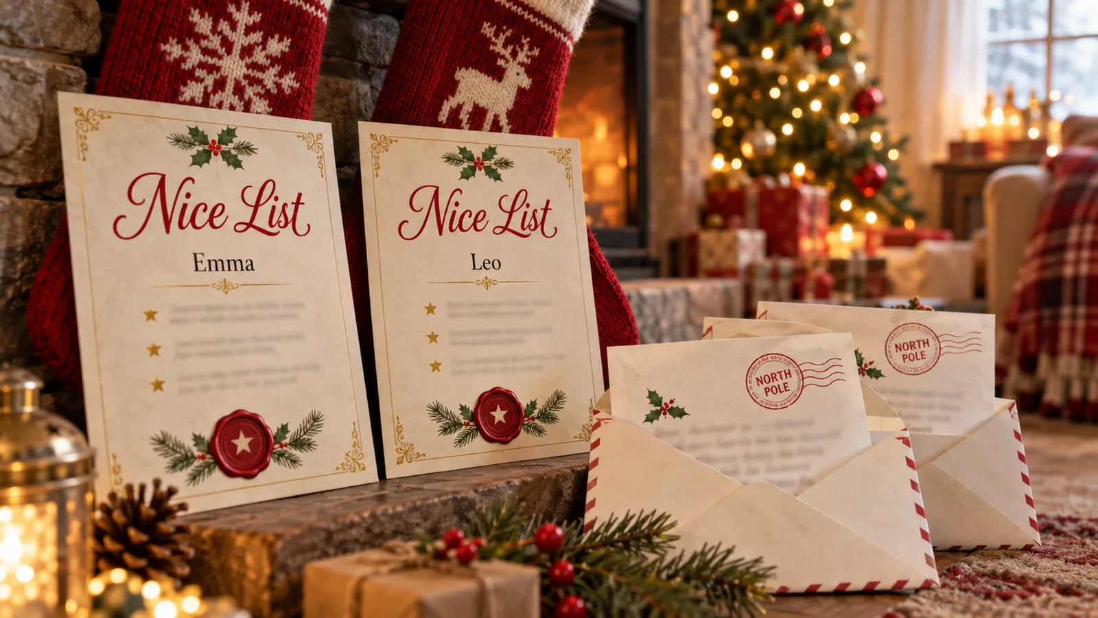 Letter from Santa template and Nice List certificates printed for two siblings next to a Christmas stocking