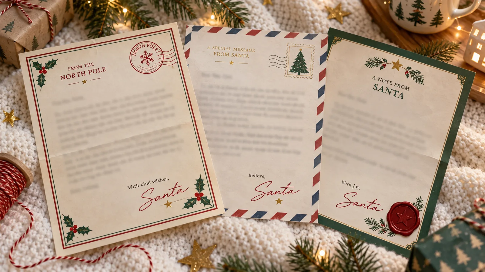 Three letter from Santa template designs with North Pole postmark, airmail stripes and a red wax seal