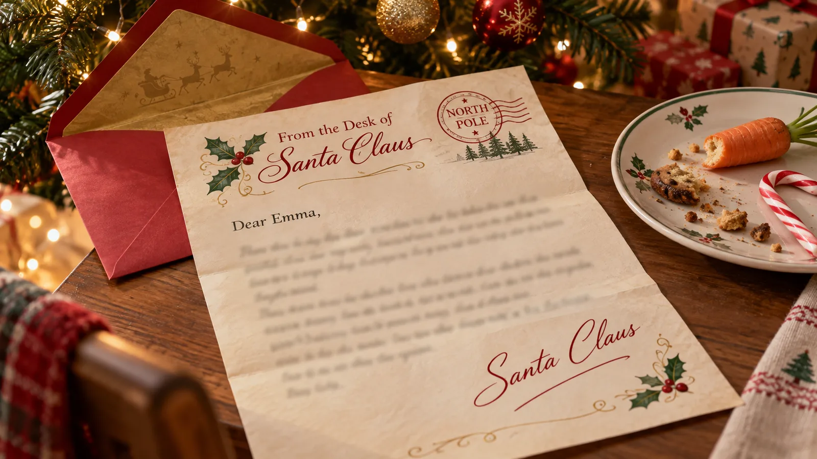 Printed letter from Santa template on cream paper with a child's name, good deeds and Santa's signature