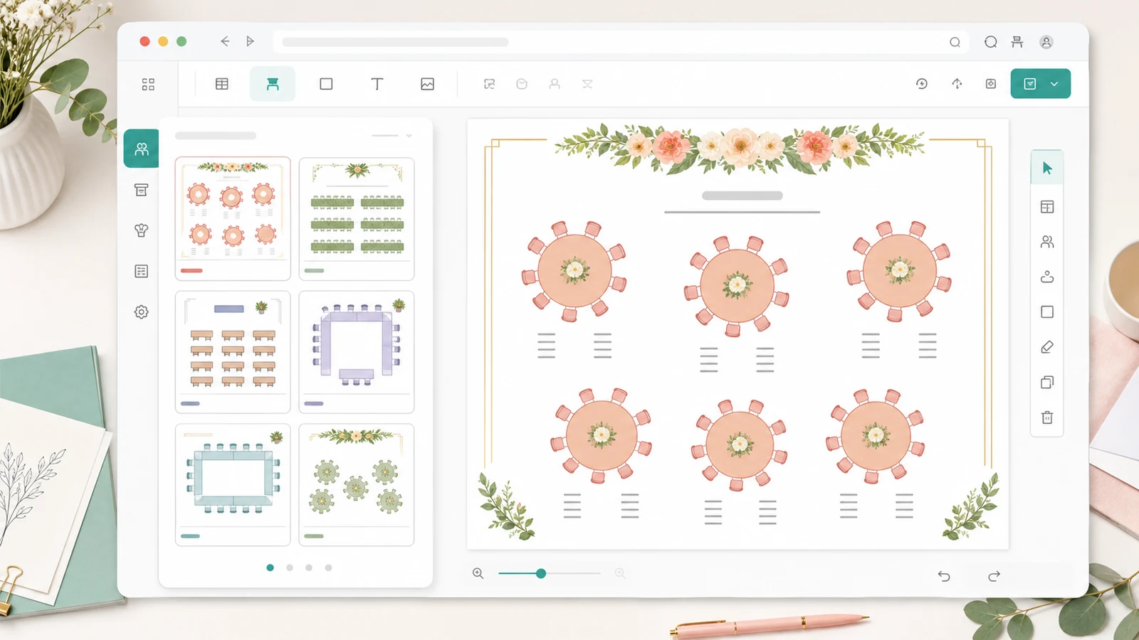 Seating Chart Maker template library with wedding, classroom, and meeting layouts