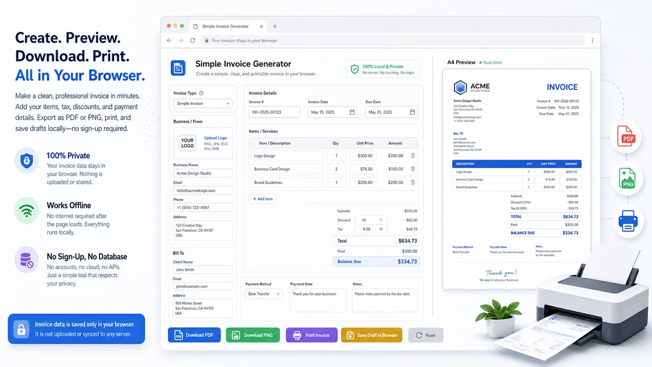 Simple Invoice Generator browser-only local draft, PDF download, and print controls