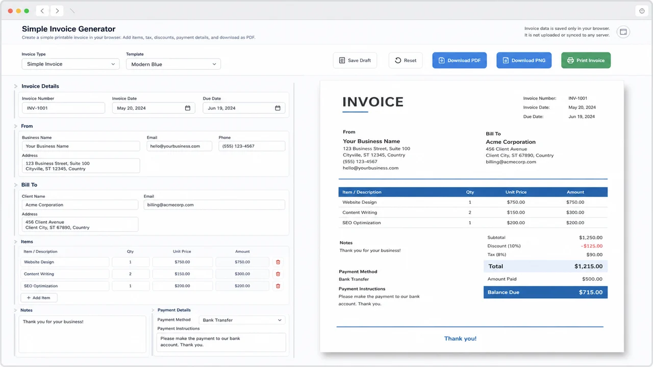 Simple Invoice Generator live invoice preview with line items and totals