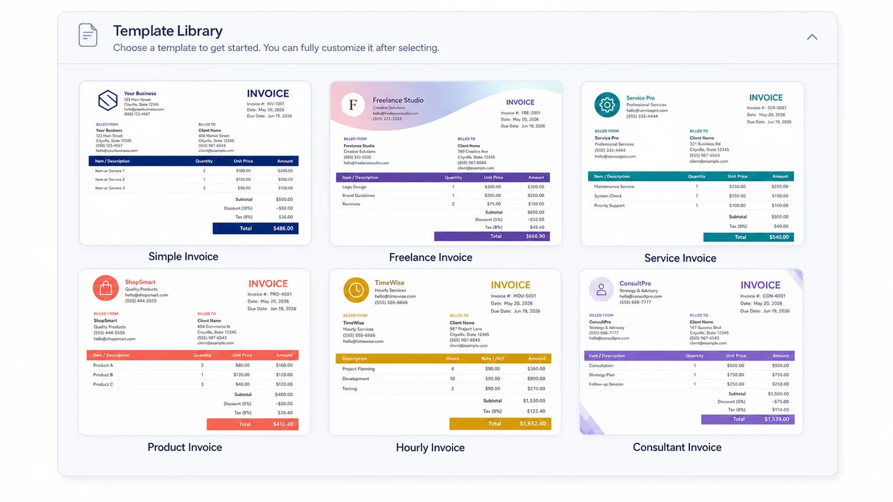 Simple Invoice Generator template style choices with a clean invoice preview