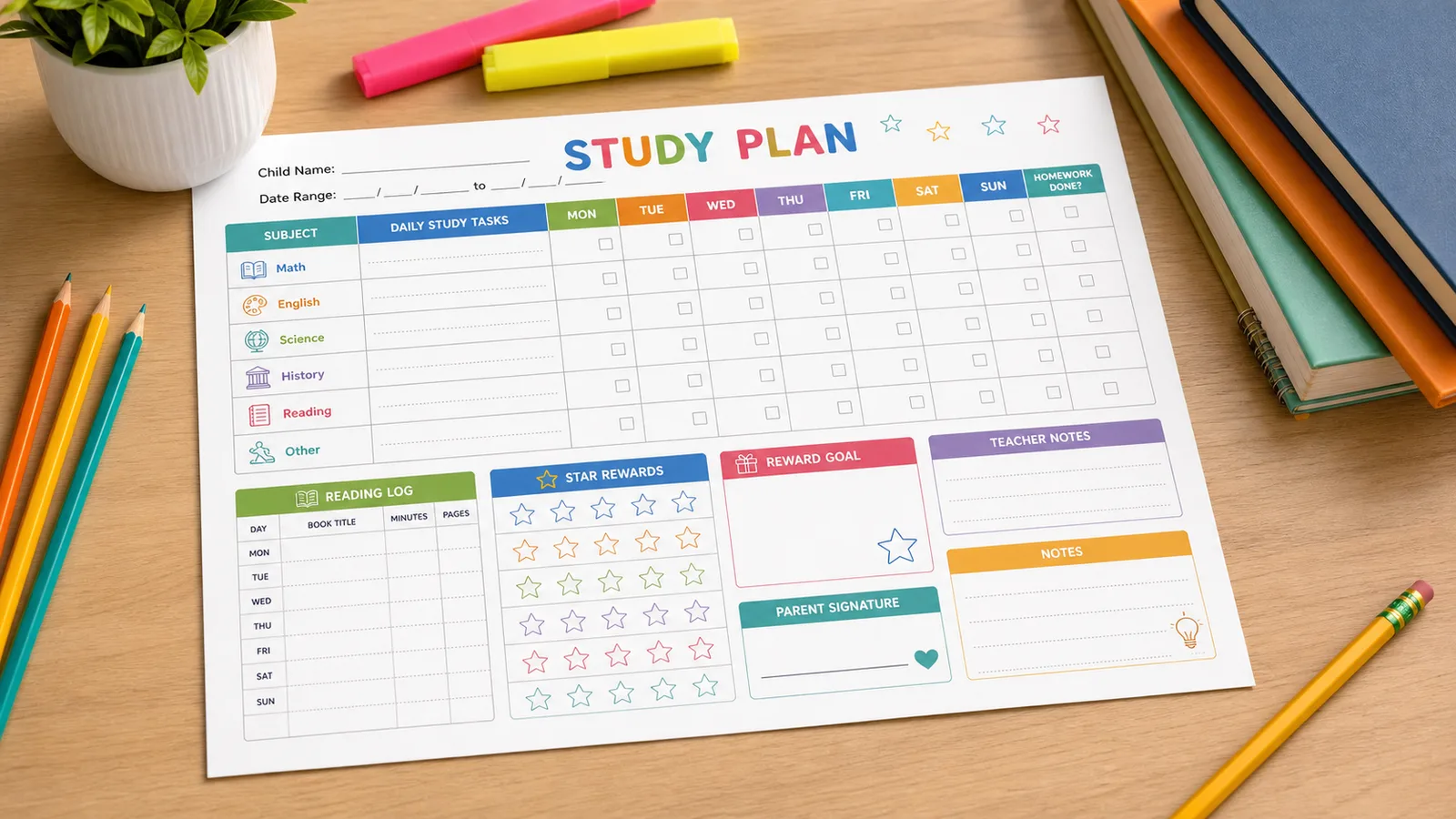 Study Plan Template Printable on a desk with tasks, homework, reading log, stars, and reward goal