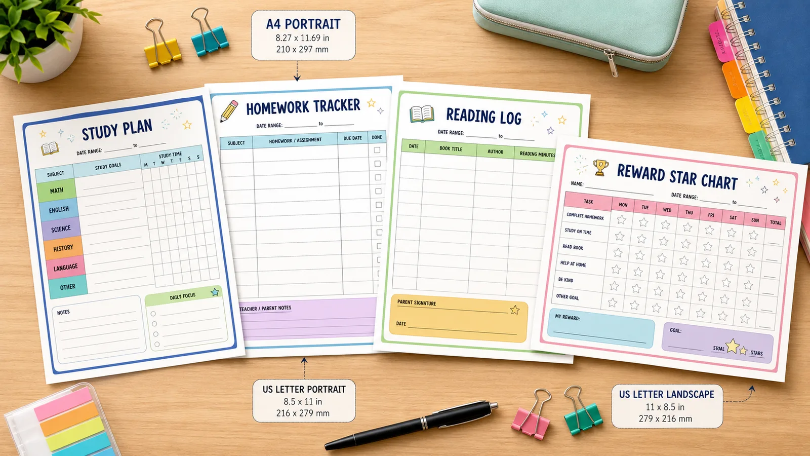 Study Plan Template Printable showing four layouts for study, homework, reading, and reward stars