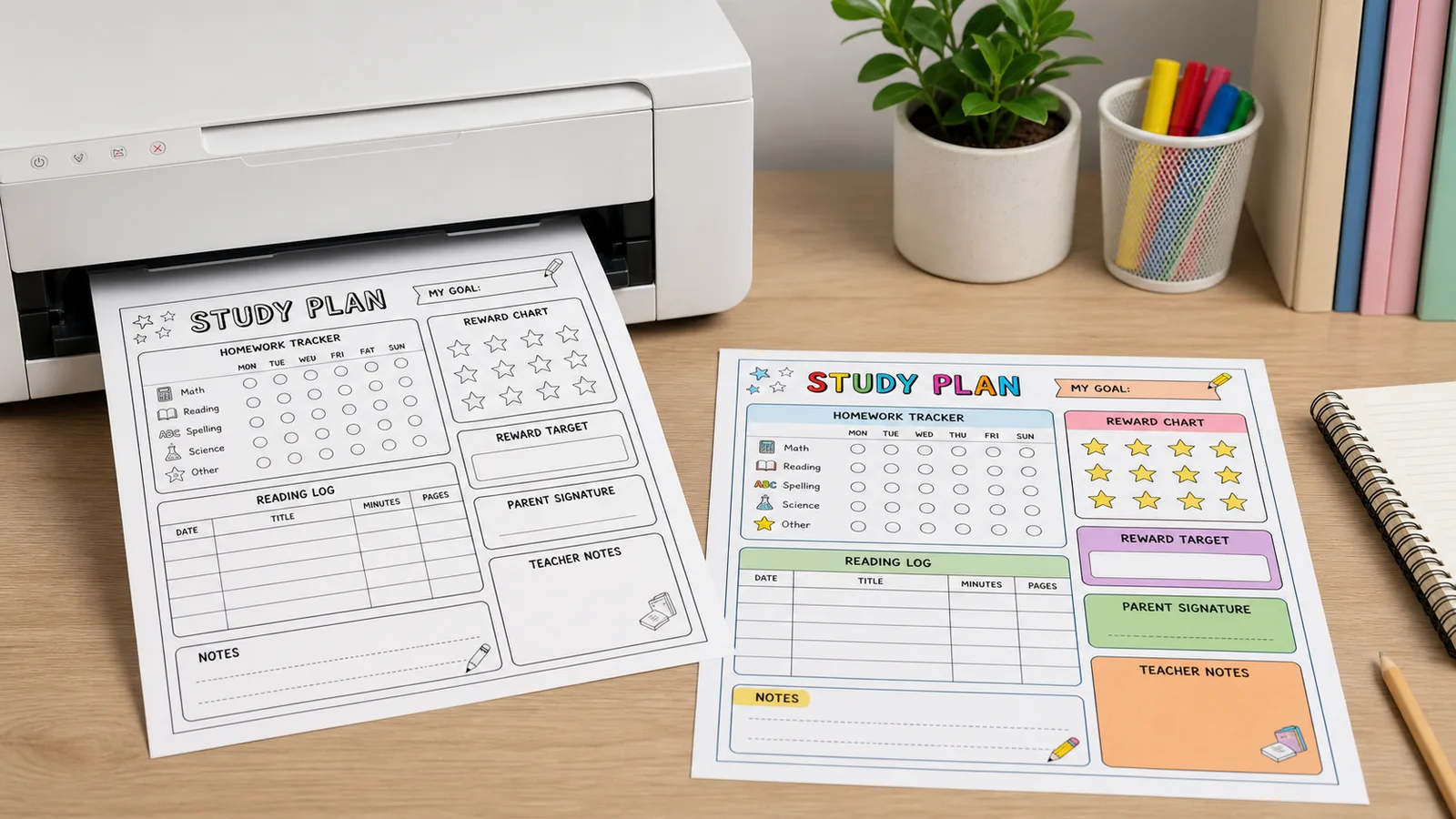 Study Plan Template Printable printing in color and low-ink black-and-white modes
