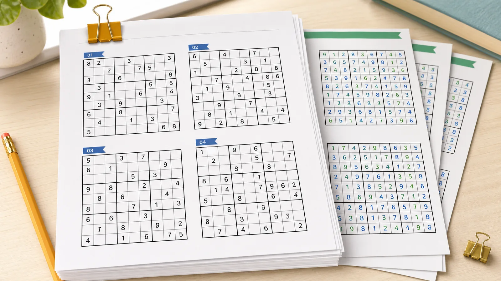 Sudoku Generator puzzle packet with answer key pages placed at the end