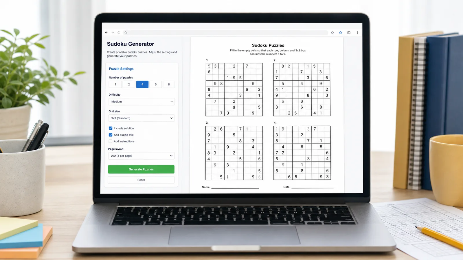 Sudoku Generator browser screen showing fresh printable Sudoku puzzles