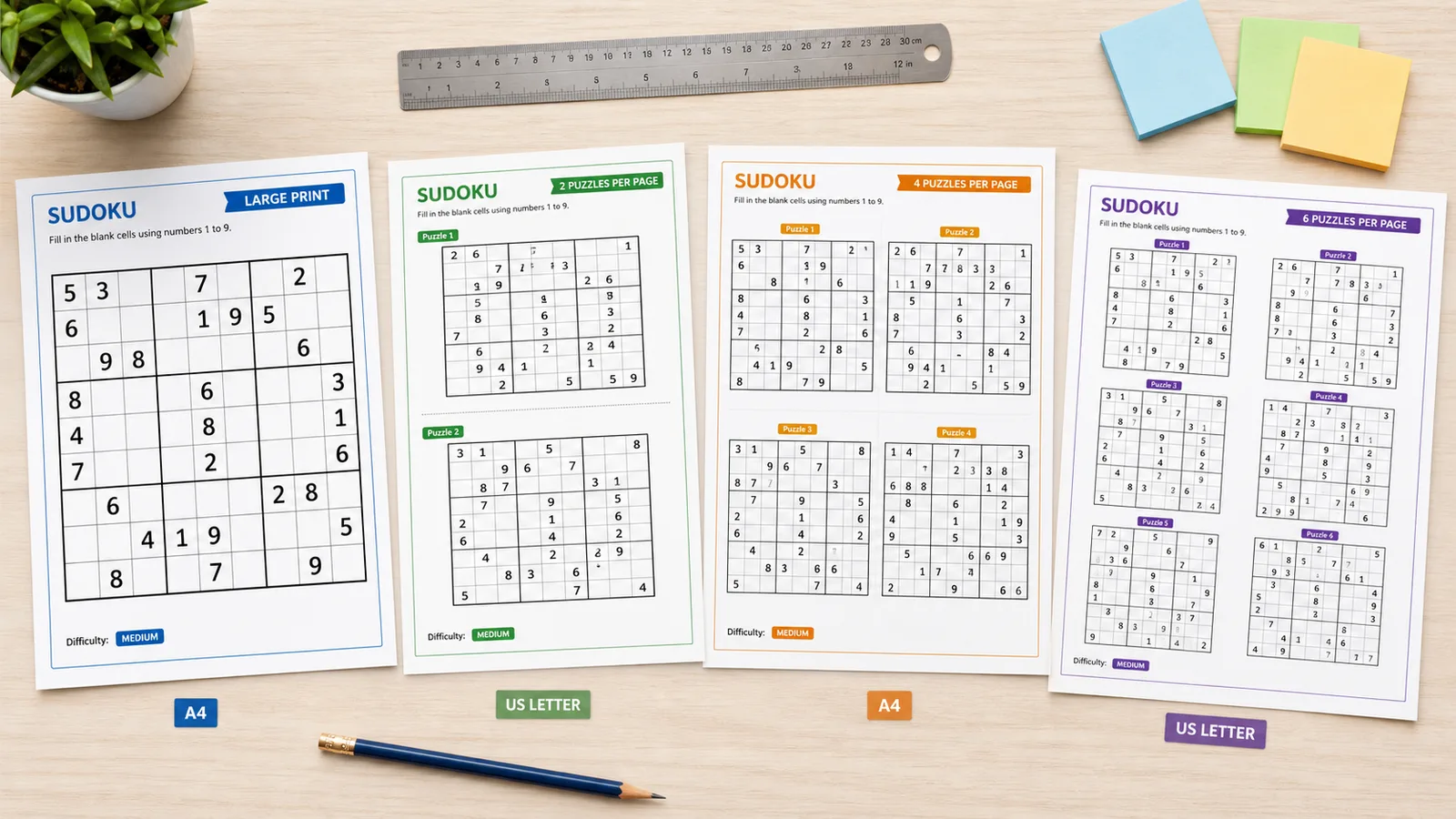 Sudoku Generator printed A4 and US Letter layouts with multiple puzzle counts