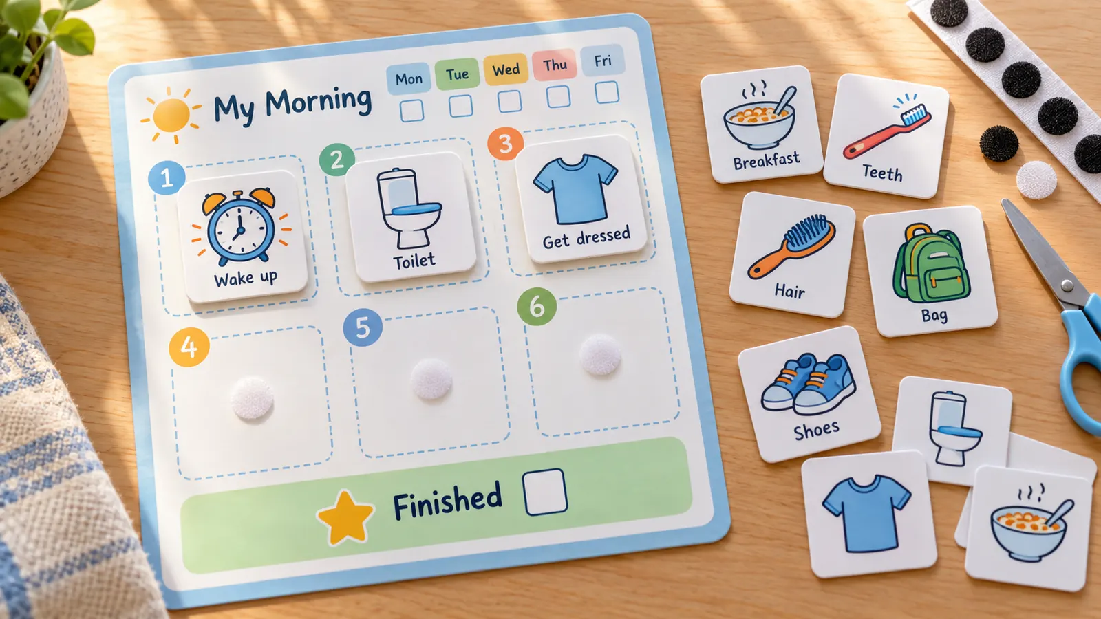 Cut-out morning routine chart cards with Velcro dots next to an empty slot board on a table