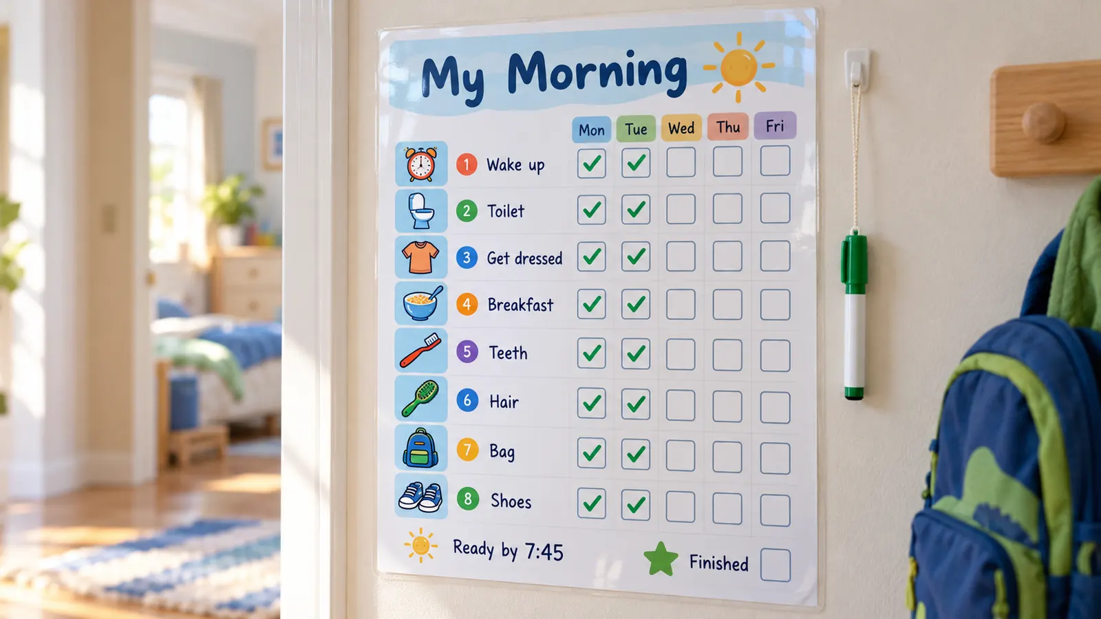 Laminated morning routine chart with eight picture steps and Monday to Friday tick boxes on a hallway wall