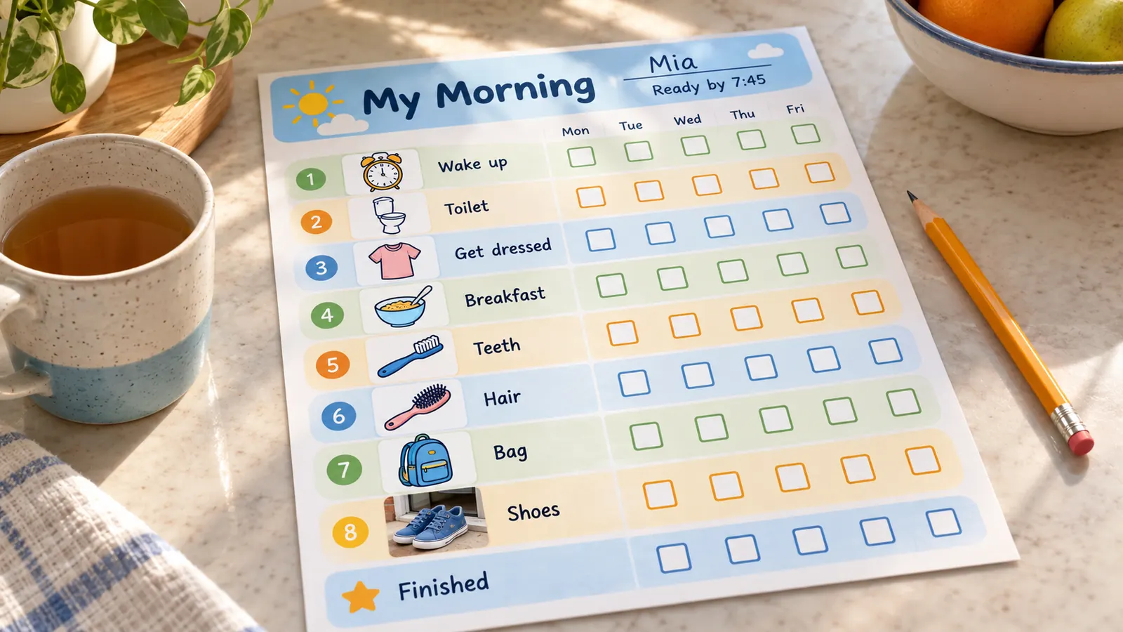 Printed morning routine chart with a child's name, a ready-by time in the title and a photo card of a pair of shoes