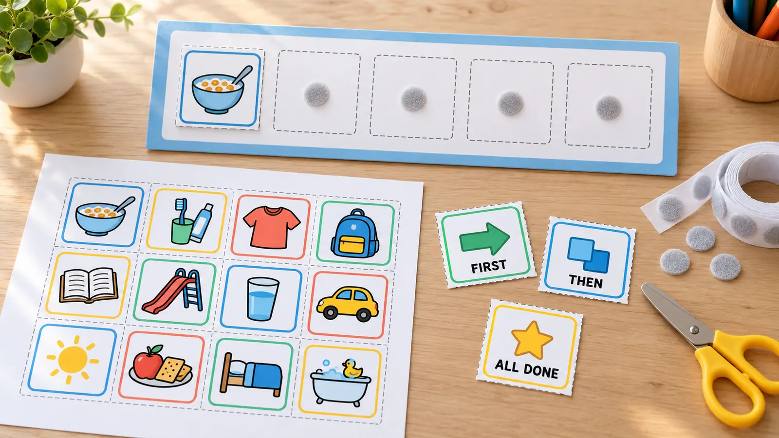Visual schedule printable with empty Velcro slots on a board and cut-out picture cards beside scissors