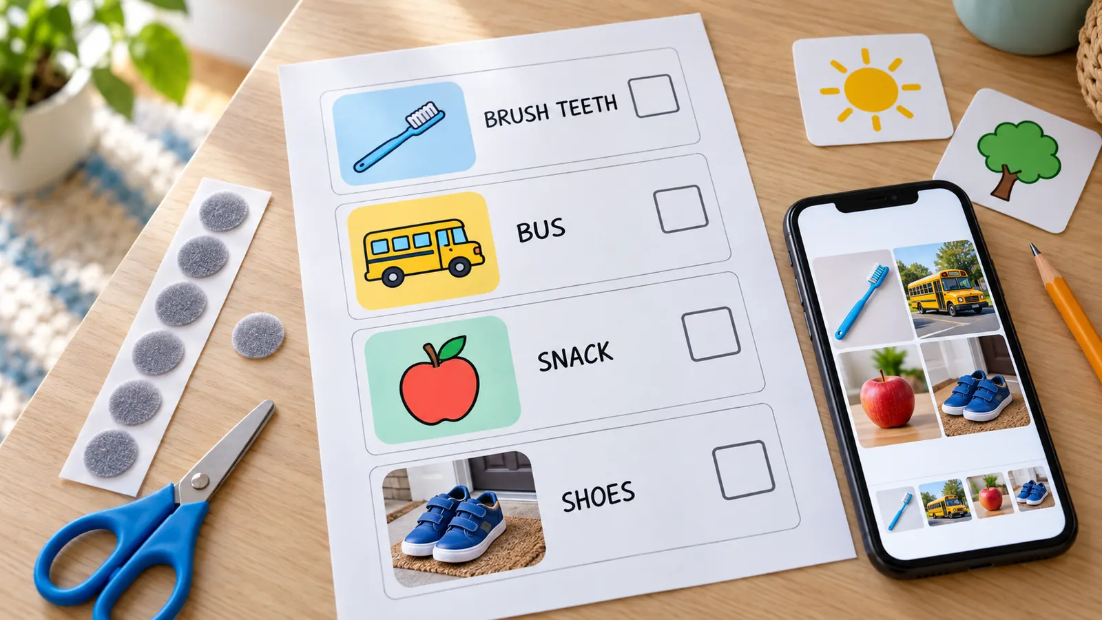 Visual schedule printable with colourful picture icons and one real photo card for brushing teeth
