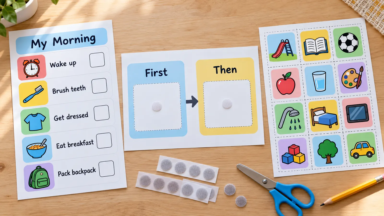 Visual schedule printable showing a morning routine strip, a first-then board and a sheet of picture cards on a table