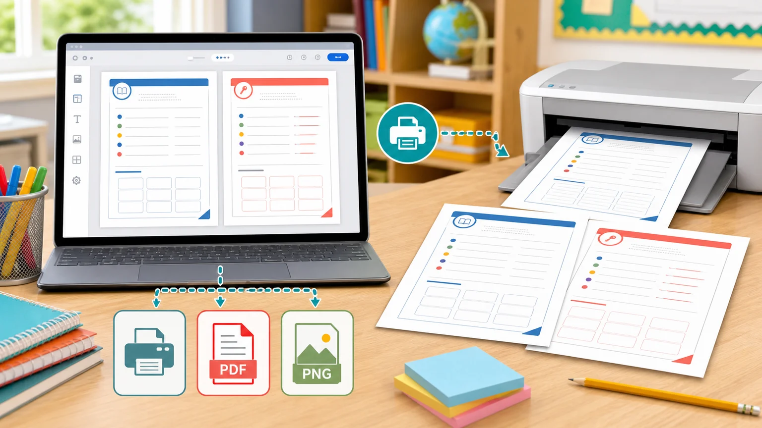 Vocabulary Worksheet Maker print PDF and PNG export buttons beside worksheet preview