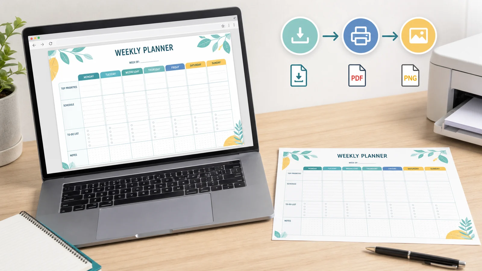 Weekly Planner Maker browser export buttons for PDF PNG and print