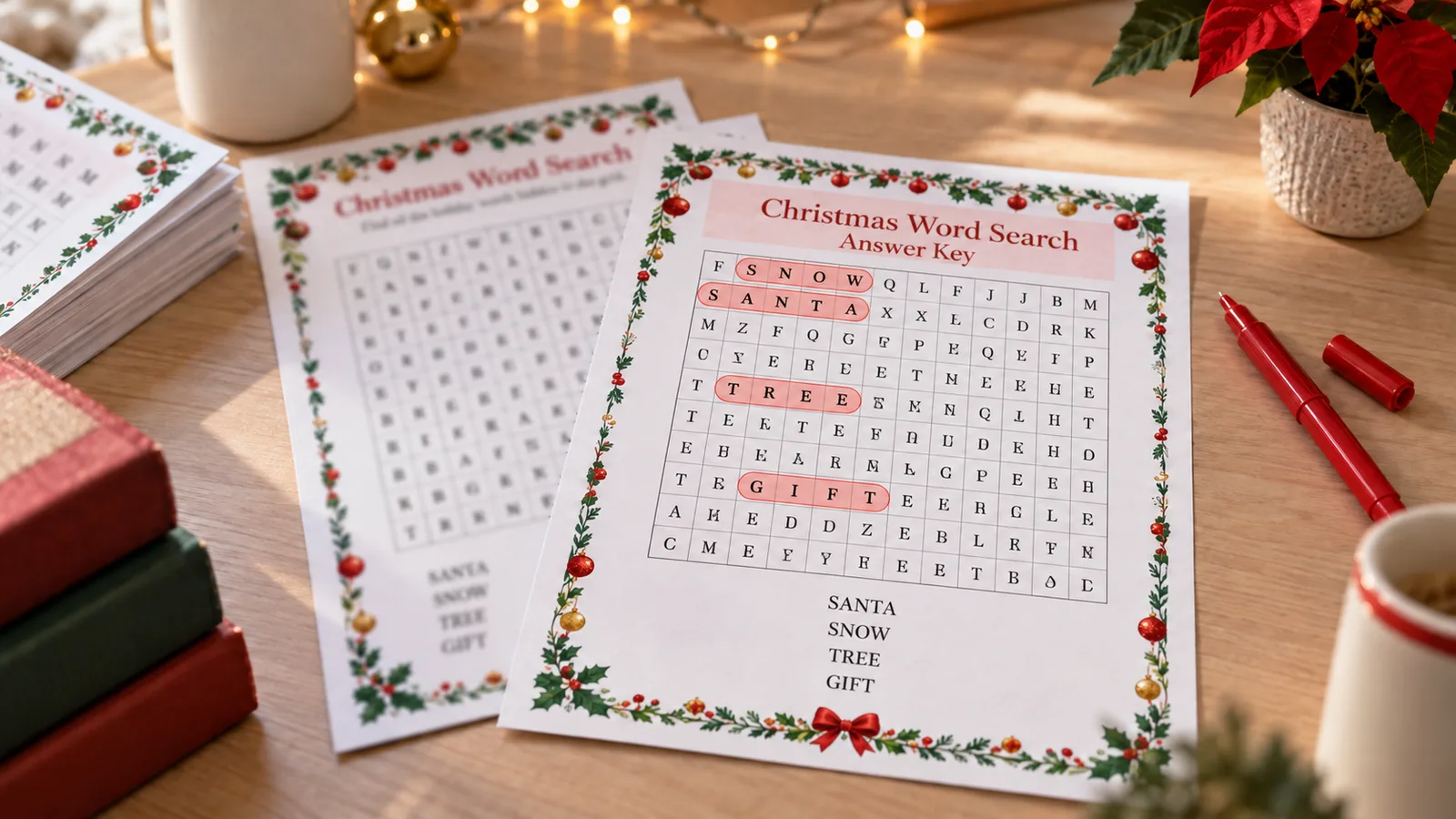 Christmas word search puzzle with its answer key page showing every Christmas word circled