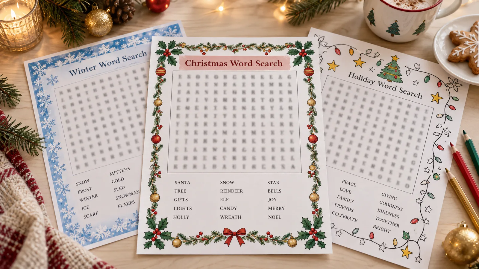 Three printed Christmas word search sheets with garland, snowy blue and black and white Christmas borders