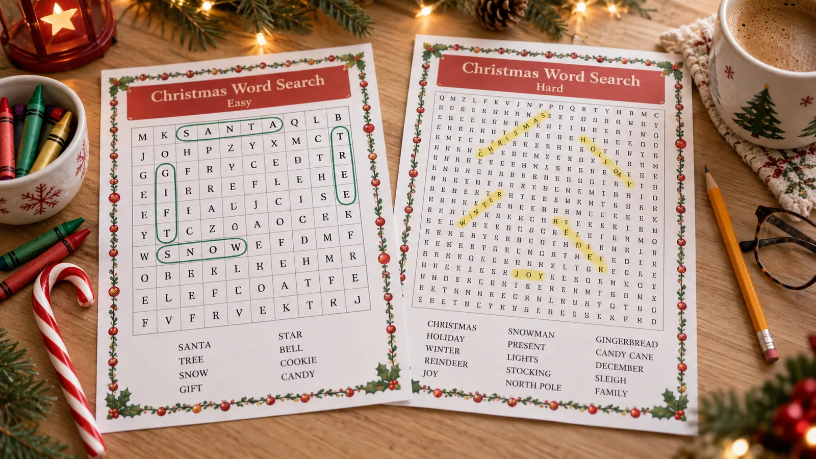An easy Christmas word search for kids next to a hard 20x20 Christmas word search for adults on a wooden table
