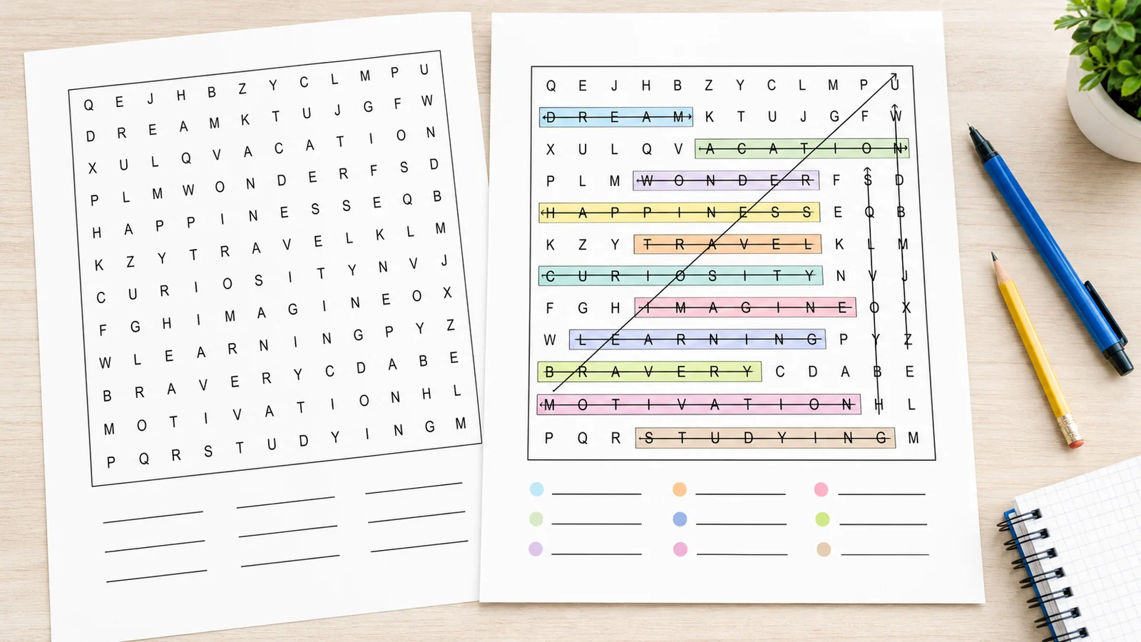 Word Search Generator answer key preview with marked word paths in the grid