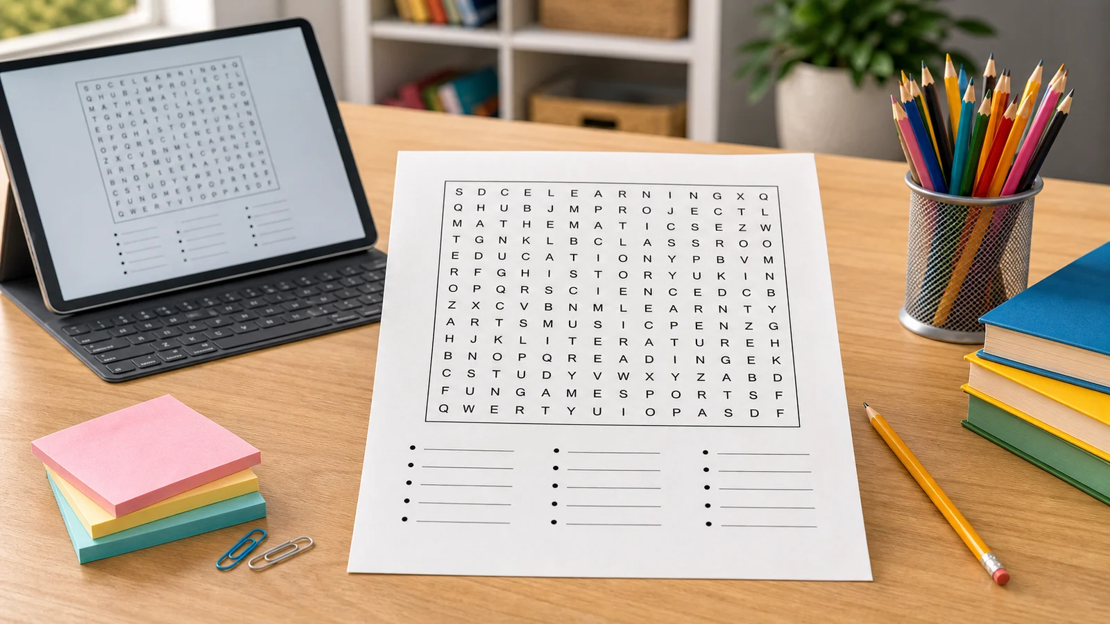 Word Search Generator classroom worksheet preview with a letter grid and word list